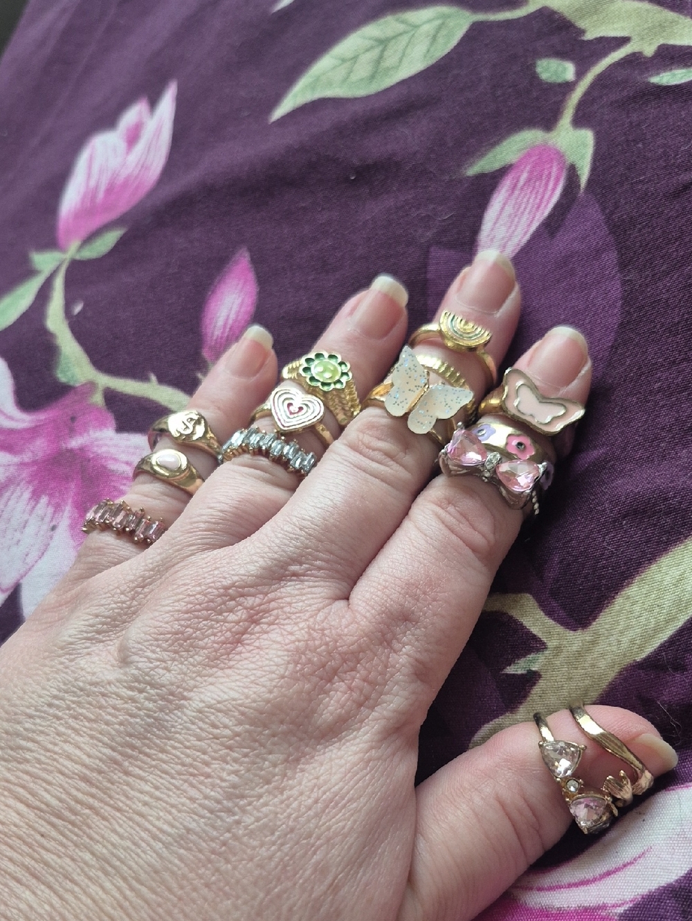 14 Gold and Pink Floral Butterfly Various Designs And Sizes..Rings .Jewelry Lot